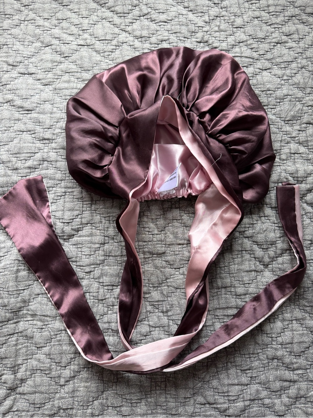 Satin Bonnet with Long Ties - Mauve Exterior & Light Pink Lining